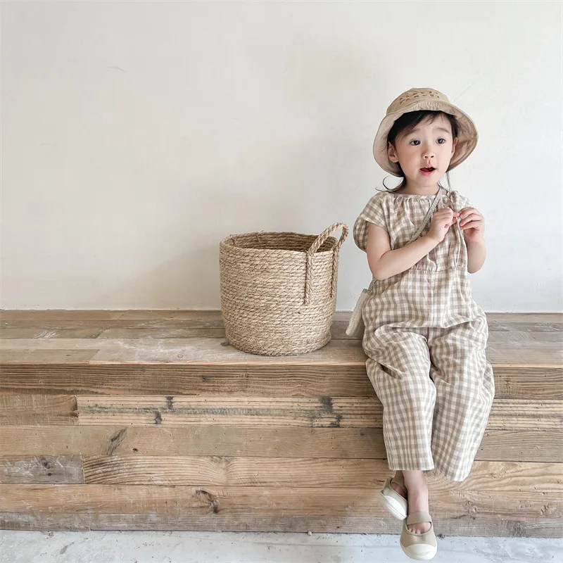 Overall Kotak-kotak Bayi Perem - Baby Summer Linen Sleeveless Jumpsuit ulasan dan harga